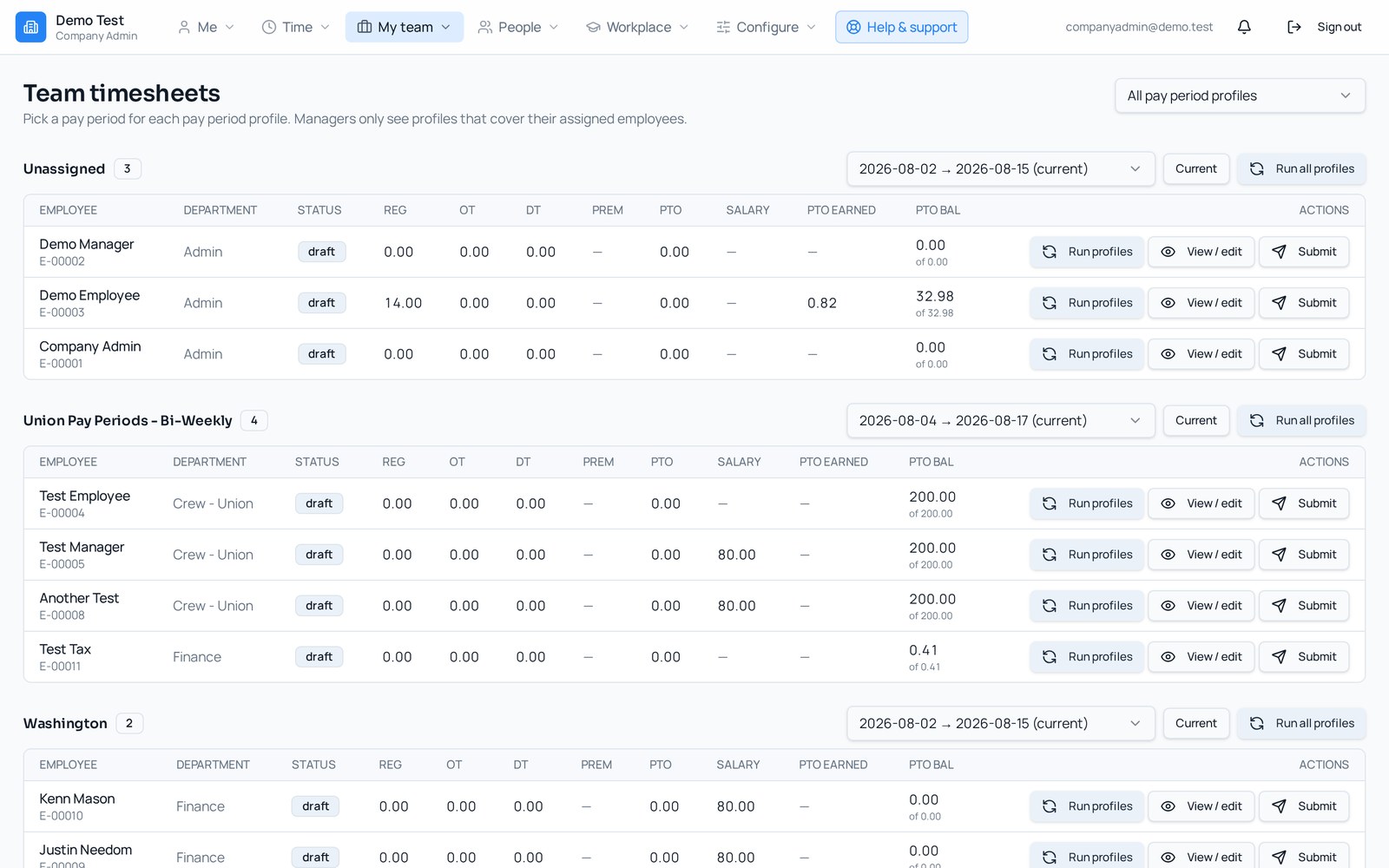 HarmonyWFM Team Timesheets grouped by pay period profile with employee tiles