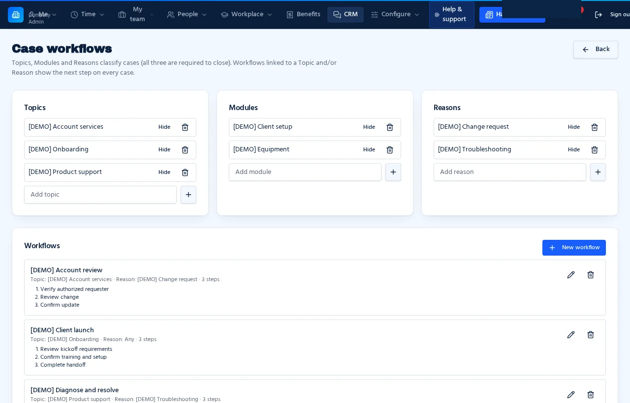 Sample case workflows and classifications configured in HarmonyCOMM