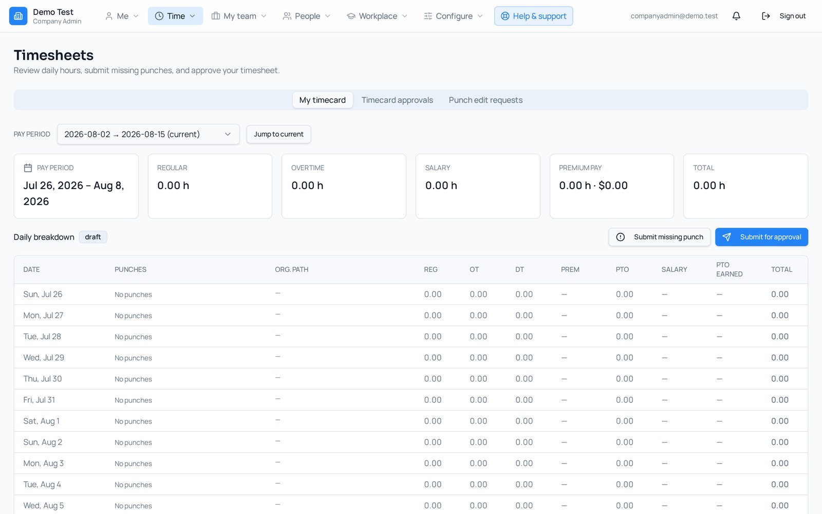 HarmonyWFM Timesheets — daily hours, salary auto-fill, and premium/OT columns