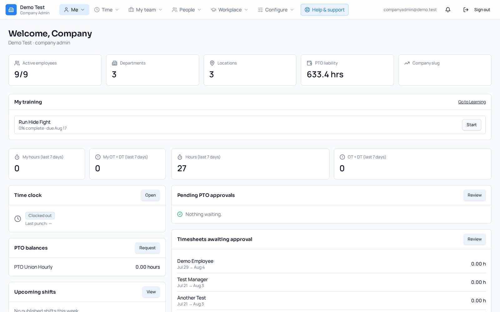 HarmonyWFM company dashboard with headcount, PTO liability, hours, and pending approvals
