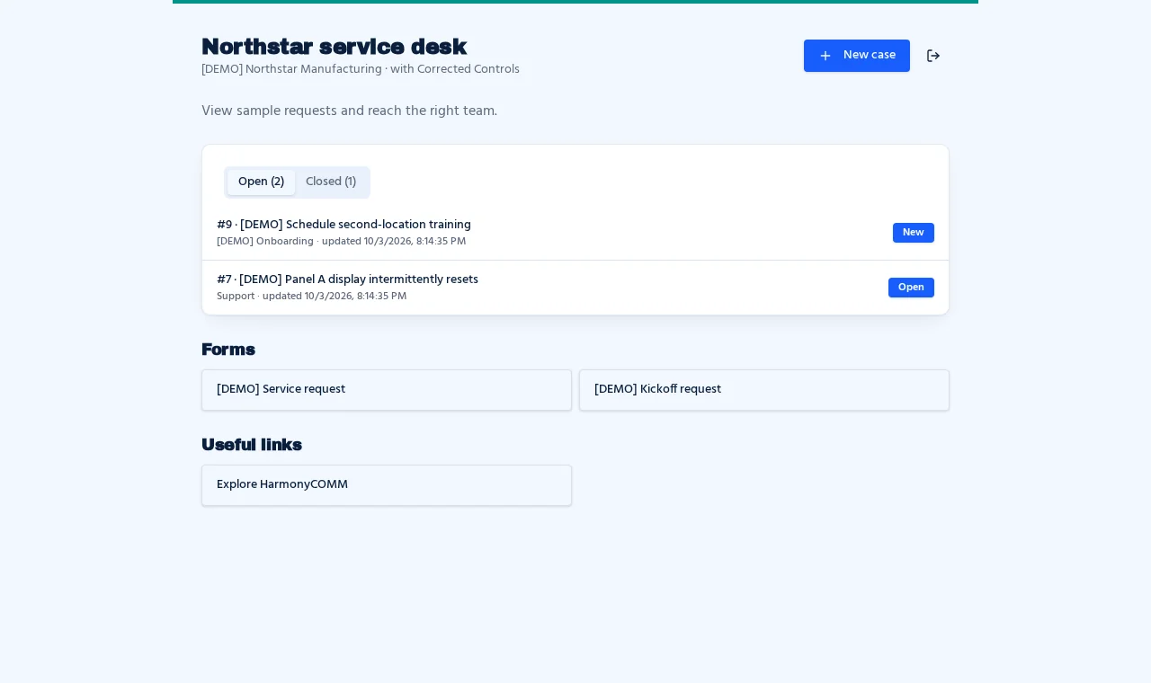 Northstar sample customer portal with open cases, intake forms, and links