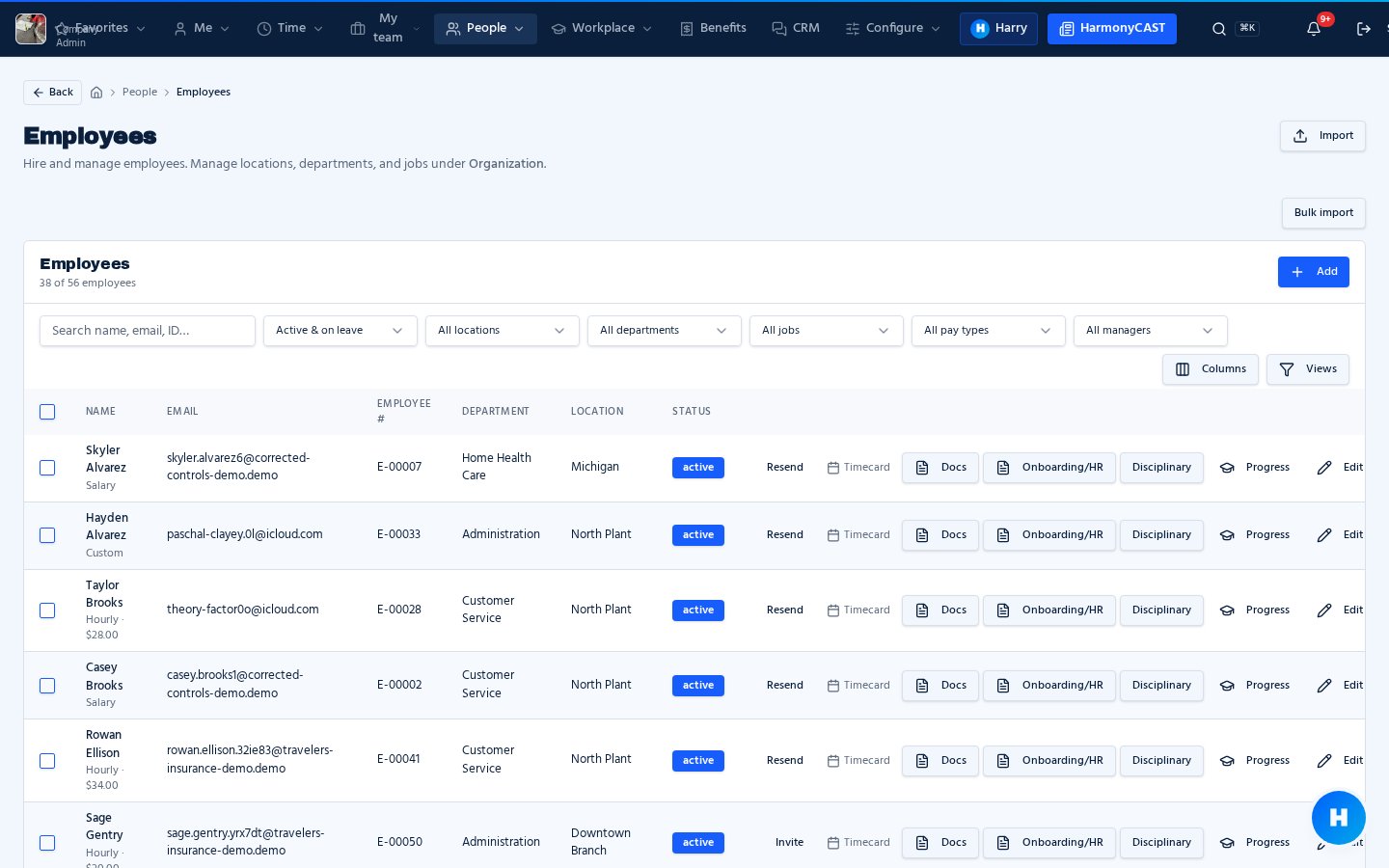 Employee directory with departments, locations and quick actions
