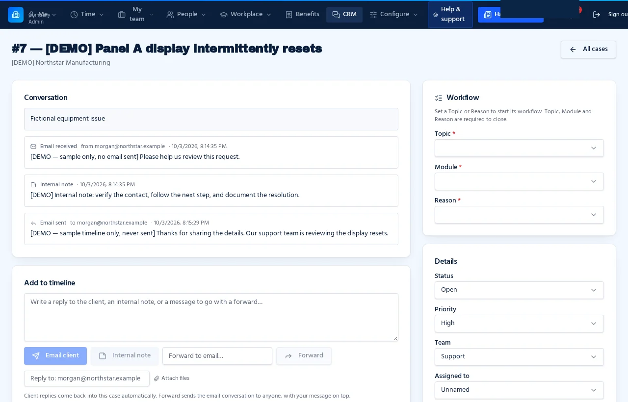 A sample support case with its conversation, details, and workflow