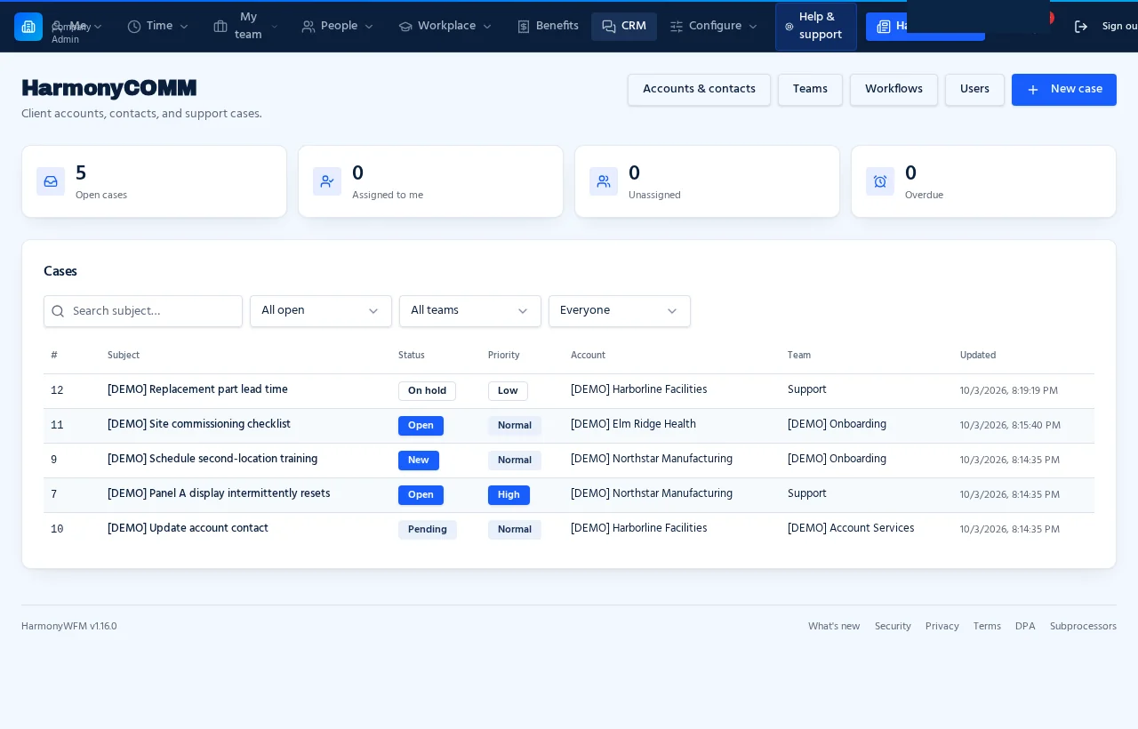 Corrected Controls CRM owner overview showing sample cases across clients and teams