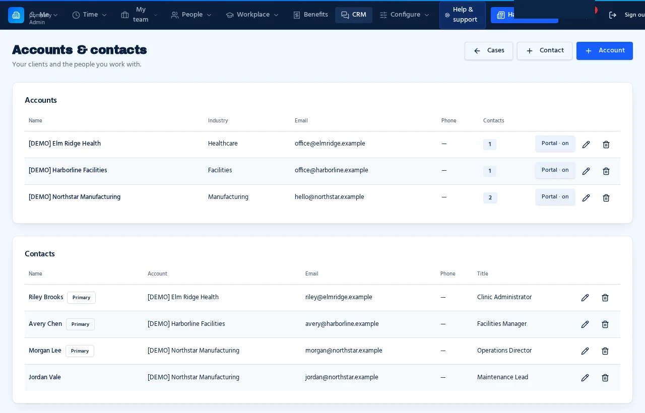 Sample client accounts and contacts in the Corrected Controls CRM