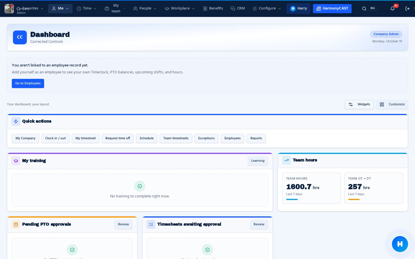 HarmonyWFM dashboard with employee records, roles and organization details