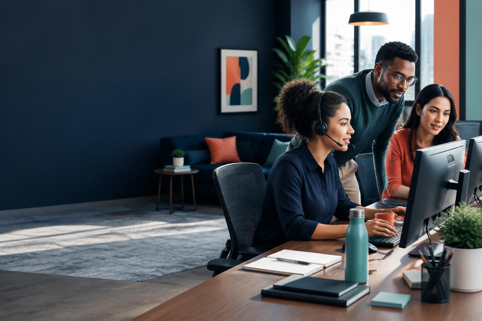 Customer service team working together at a shared desk
