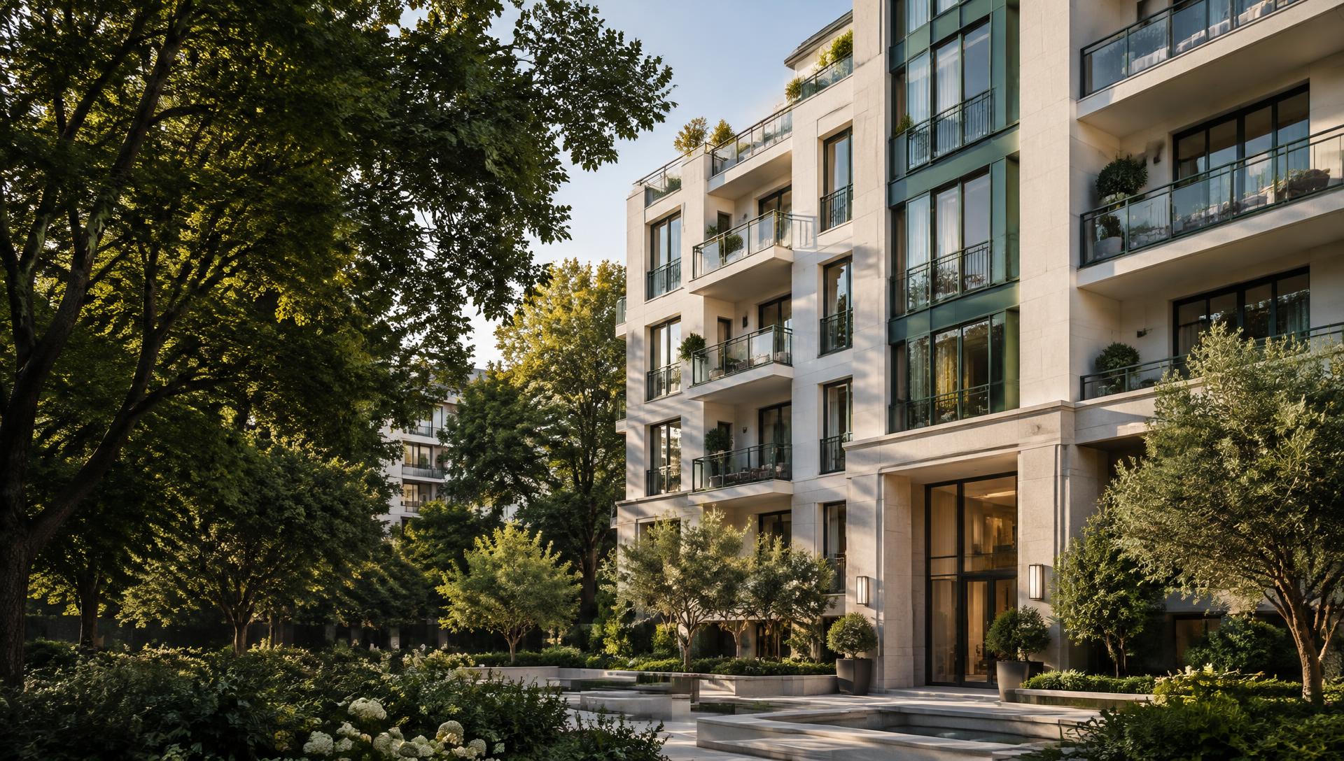Modern multifamily residences surrounded by landscaped gardens